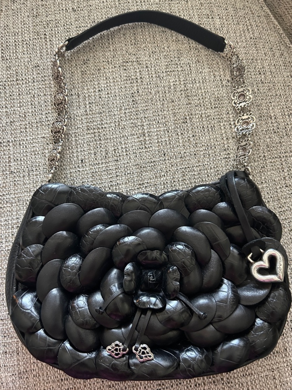 Brighton Black Braided Shoulder Bag with Silver Chain & Heart Charm